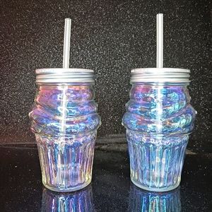 Set of 2 Iridescent Glass Cupcake/Ice Cream Cone Mason Jar Tumblers.